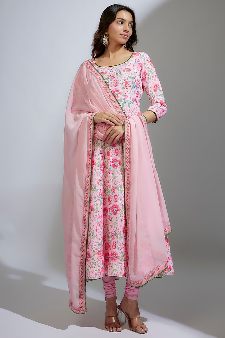 Baby Pink French Crepe Floral Printed Anarkali Set by Krishna Padia