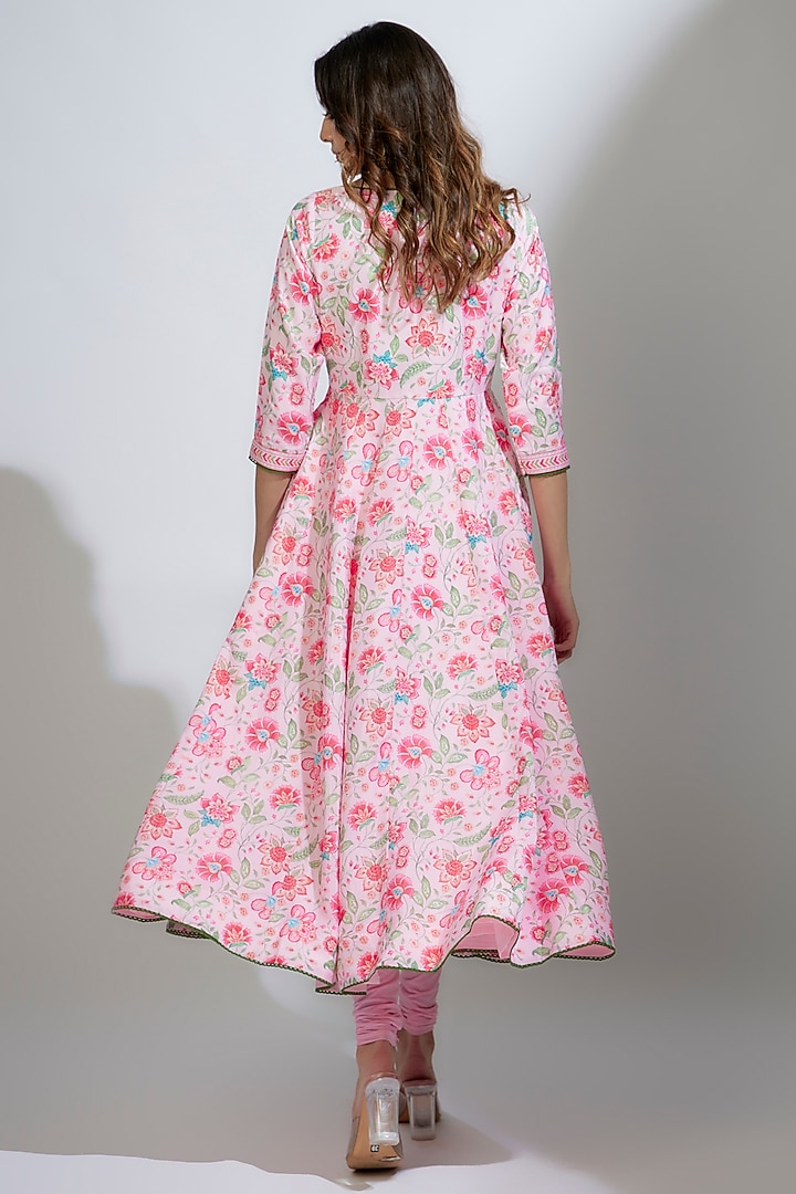 Baby Pink French Crepe Floral Printed Party Wear Anarkali Set by Krishna Padia at Pernia's Pop Up Shop