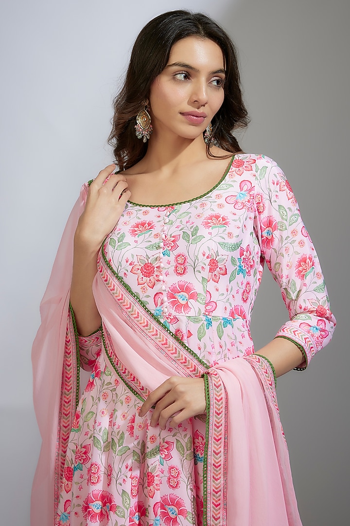 Baby Pink French Crepe Floral Printed Party Wear Anarkali Set by Krishna Padia at Pernia's Pop Up Shop