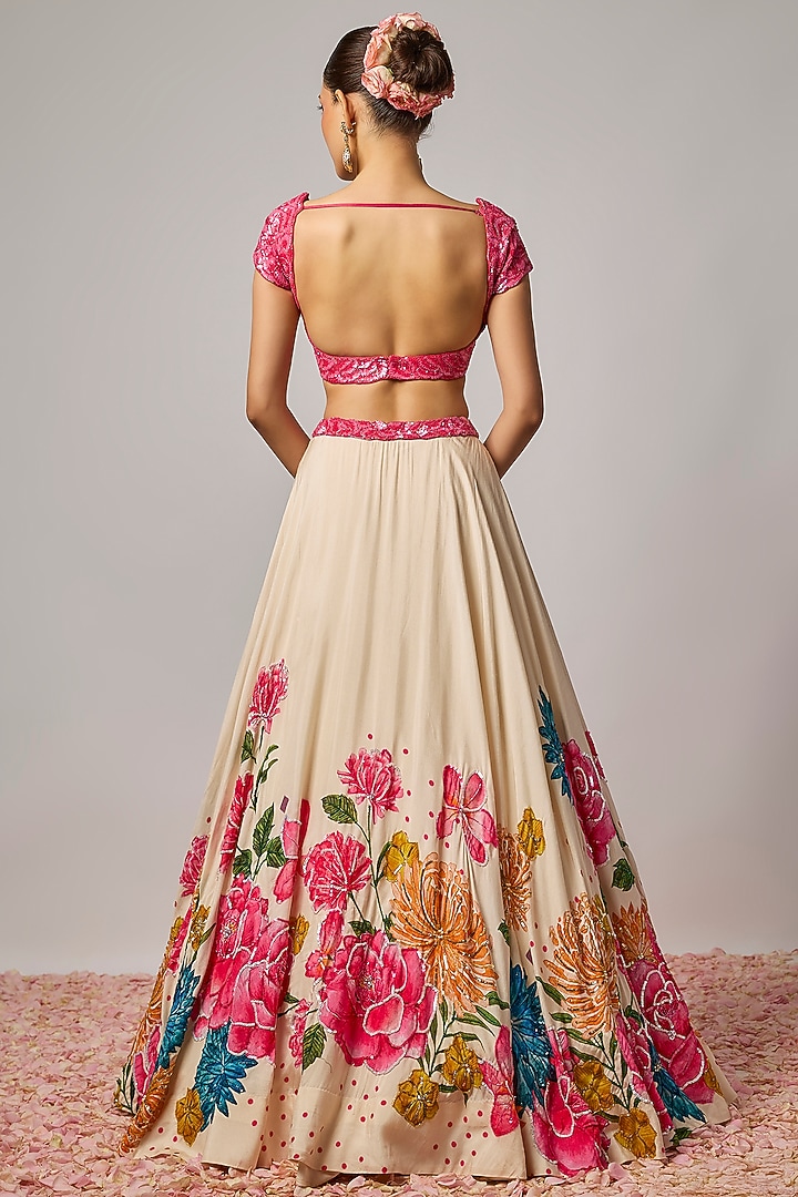 Ivory Dola Silk Cutdana & Floral Work Wedding Lehenga Set by Krishna Padia at Pernia's Pop Up Shop