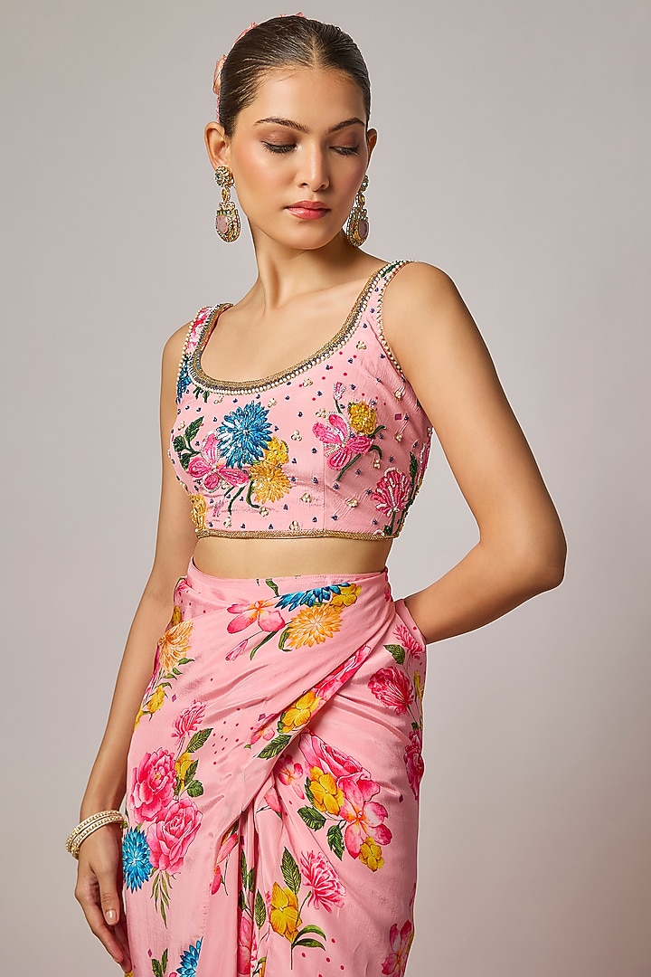 Powder Pink Crepe Floral Printed Draped Skirt Set by Krishna Padia at Pernia's Pop Up Shop