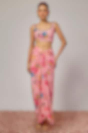 Powder Pink Crepe Floral Printed Draped Skirt Set by Krishna Padia at Pernia's Pop Up Shop