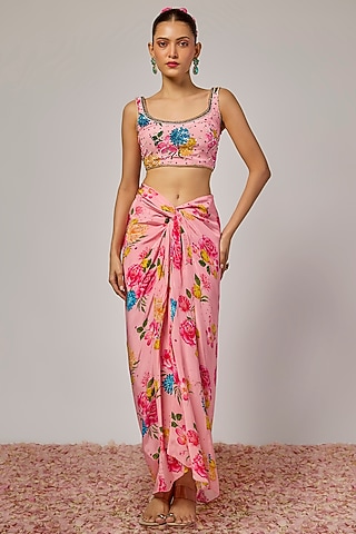 Powder Pink Crepe Floral Printed Draped Skirt Set by Krishna Padia