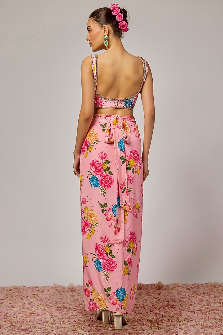 Powder Pink Crepe Floral Printed Draped Skirt Set by Krishna Padia at Pernia's Pop Up Shop