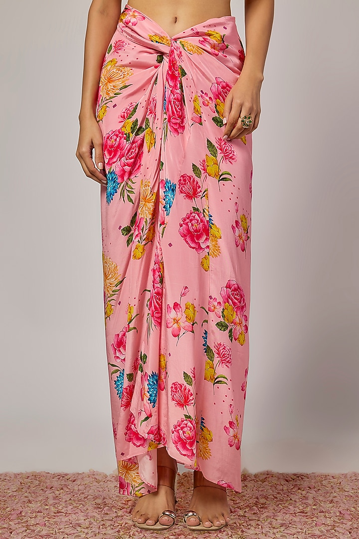 Powder Pink Crepe Floral Printed Draped Skirt Set by Krishna Padia at Pernia's Pop Up Shop