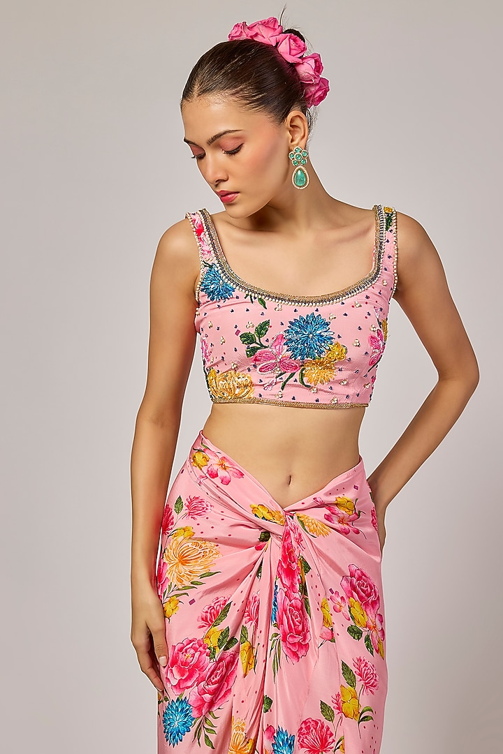 Powder Pink Crepe Floral Printed Draped Skirt Set by Krishna Padia at Pernia's Pop Up Shop