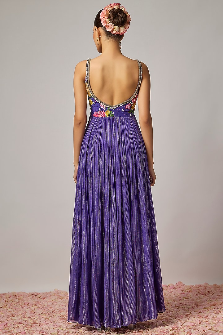 Deep Purple Lurex Georgette Sequin Hand Embroidered Wedding Anarkali Set by Krishna Padia at Pernia's Pop Up Shop