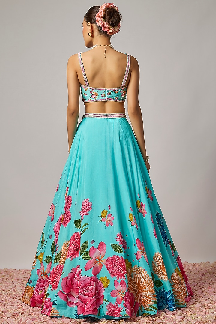Aqua Blue Dola Silk Floral Printed Wedding Lehenga Set by Krishna Padia at Pernia's Pop Up Shop