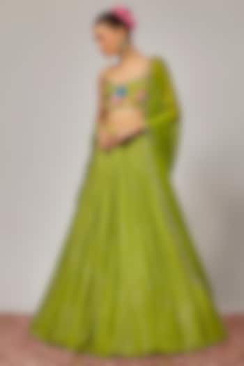 Mehendi Green Lurex Georgette Sequins Embroidered Wedding Lehenga Set by Krishna Padia at Pernia's Pop Up Shop