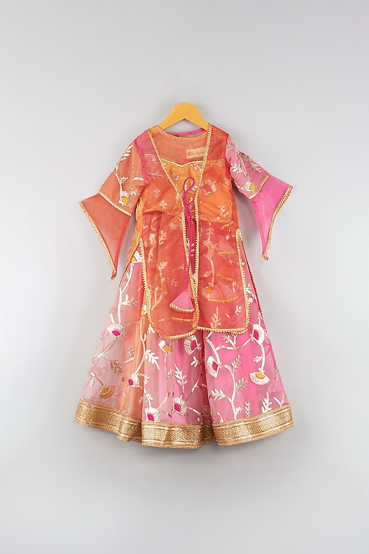 Shaded Pink & Orange Embroidered Lehenga Set For Girls by WILD FLOWER at Pernia's Pop Up Shop