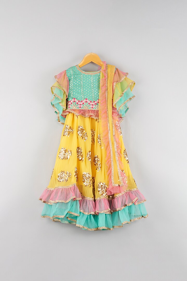 Yellow Embroidered Lehenga Set For Girls by WILD FLOWER at Pernia's Pop Up Shop