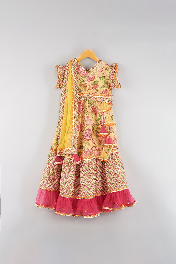 Yellow Floral Printed Lehenga Set For Girls by WILD FLOWER