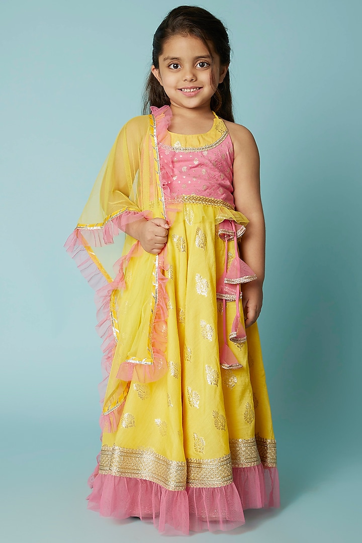 Sunny Yellow Embroidered & Printed Lehenga Set For Girls by WILD FLOWER