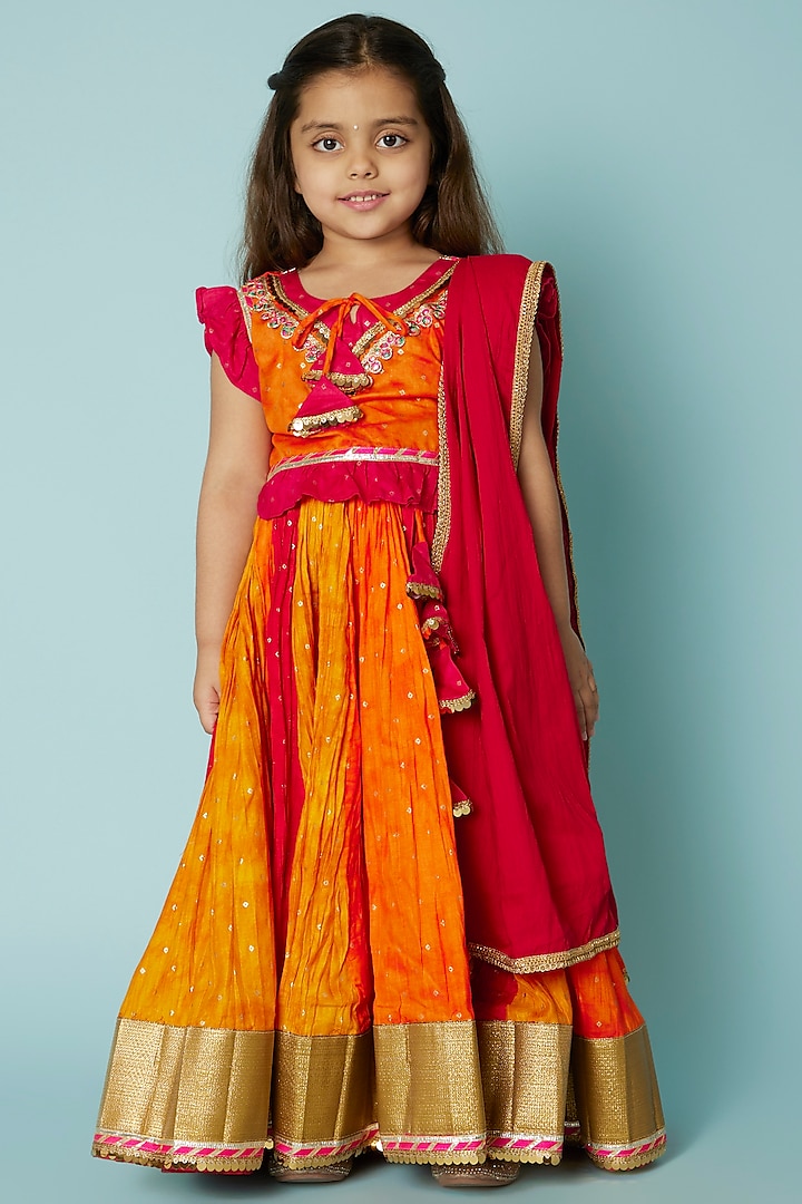 Orange Crush Cotton Lehenga Set For Girls by WILD FLOWER