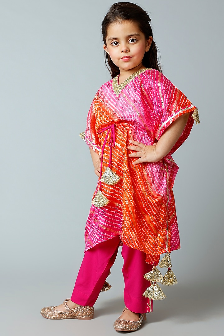 Orange & Pink Shaded Kaftan Set For Girls by WILD FLOWER