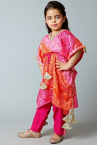 Orange & Pink Shaded Kaftan Set For Girls by WILD FLOWER