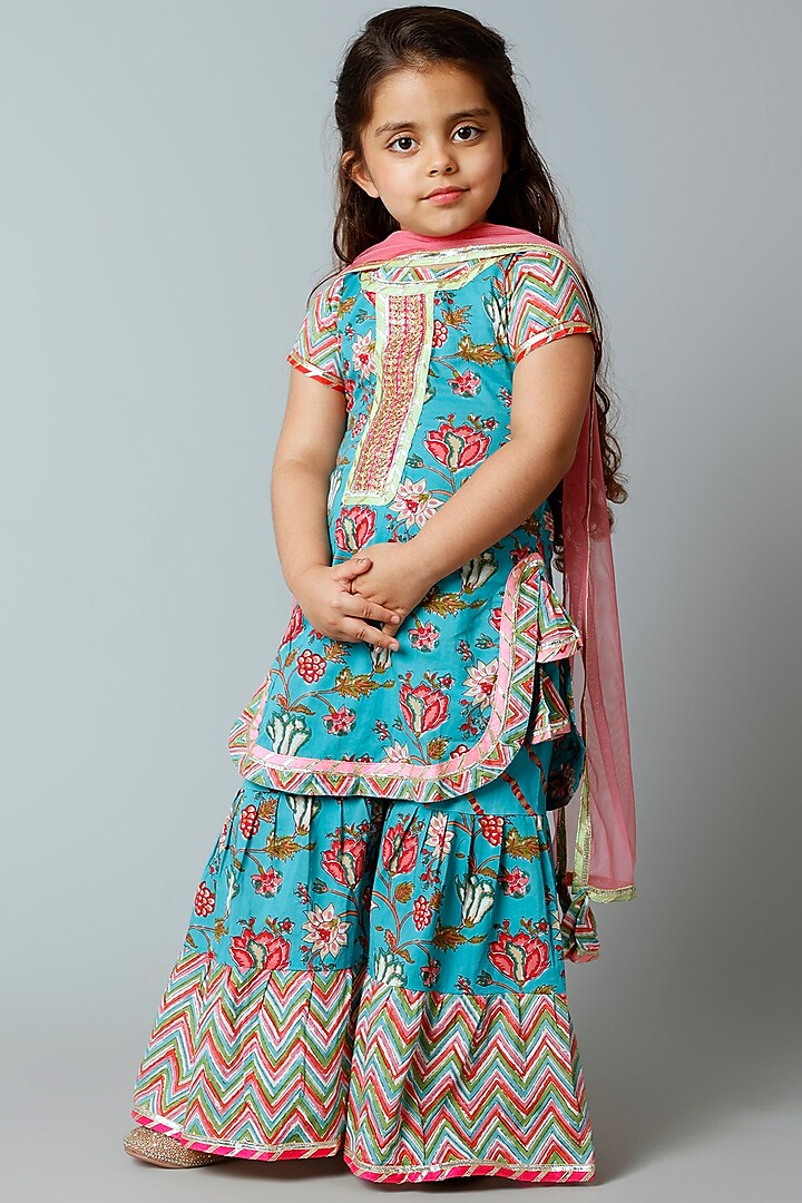Blue Printed Sharara Set For Girls by WILD FLOWER