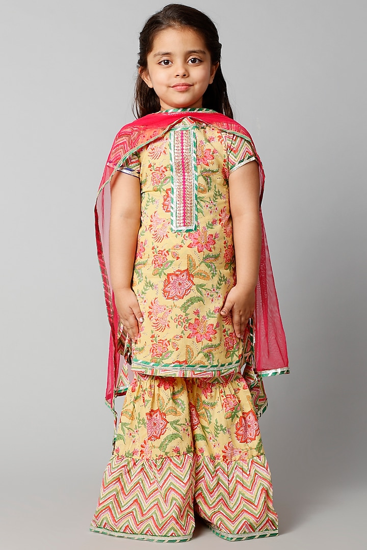 Sunny Yellow Printed Sharara Set For Girls by WILD FLOWER