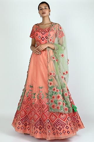 Peach Embroidered Lehenga Set by W.N.W