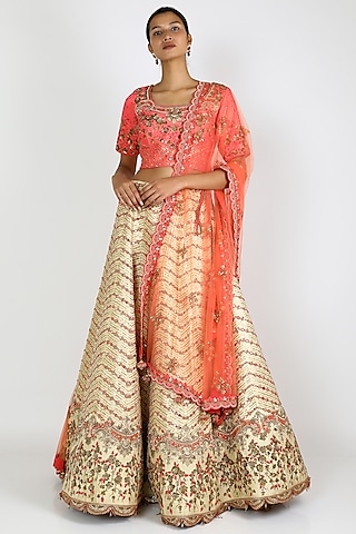 Beige & Peach Embroidered Lehenga Set by W.N.W