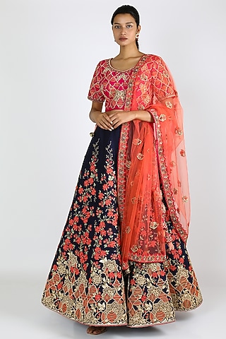 Cobalt Blue Floral Embroidered Lehenga Set by W.N.W