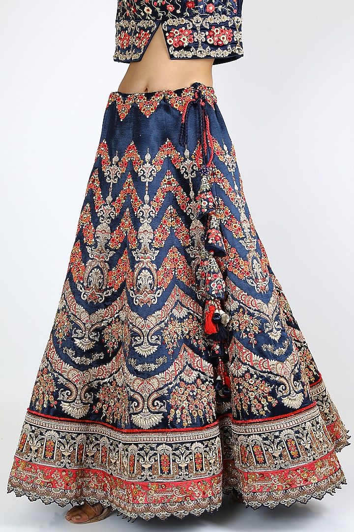 Cobalt Blue Velvet Embroidered Bridal Lehenga Set by W.N.W at Pernia's Pop Up Shop