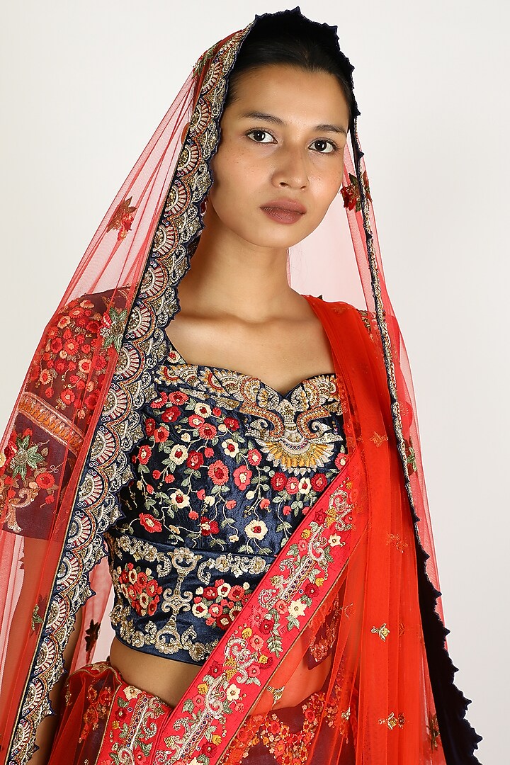 Cobalt Blue Velvet Embroidered Bridal Lehenga Set by W.N.W at Pernia's Pop Up Shop