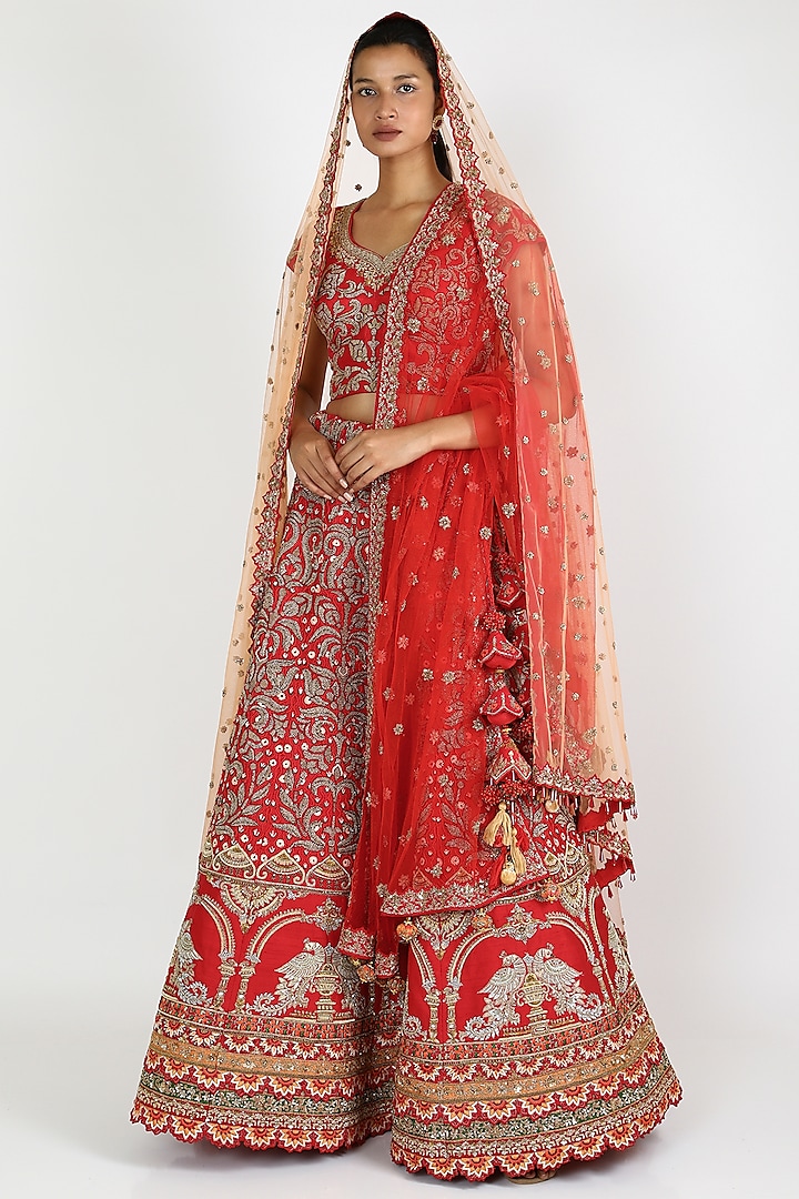 Red Bridal Embroidered Lehenga Set by W.N.W