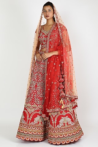 Red Bridal Embroidered Lehenga Set by W.N.W