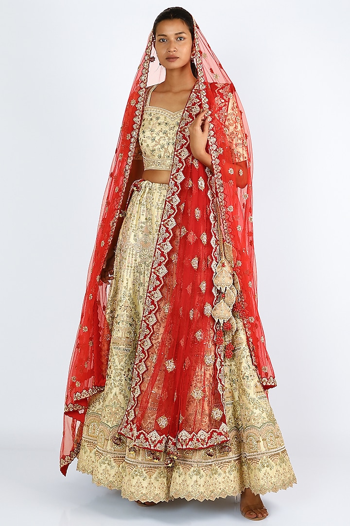 Beige Embroidered Bridal Lehenga Set by W.N.W at Pernia's Pop Up Shop