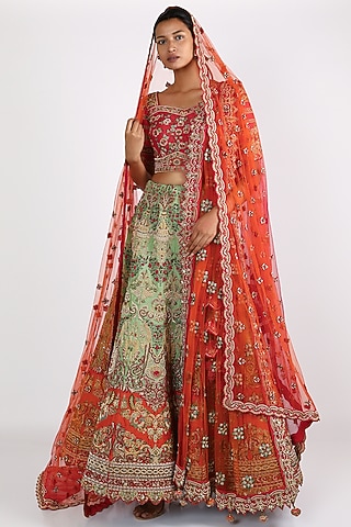 Emerald Green Embroidered Lehenga Set by W.N.W