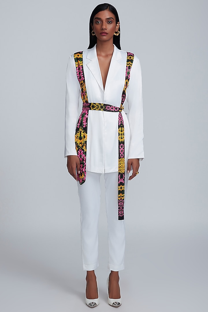 White Blazer With Floral Printed Tie-Up by World Of Ra