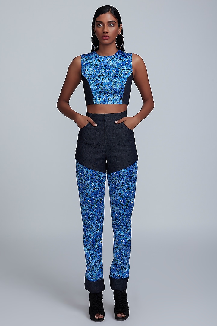 Navy Blue Printed Trousers by World Of Ra