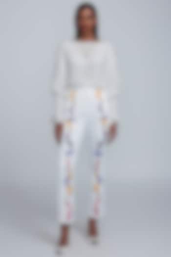 White Floral Printed Trousers by World Of Ra