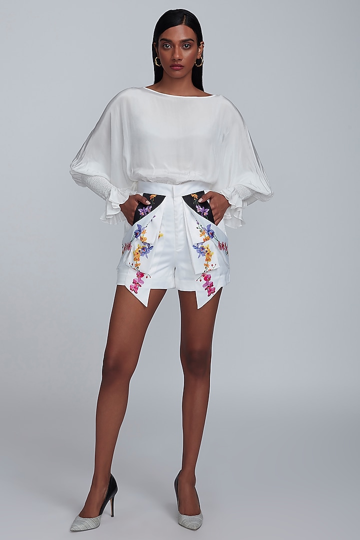 White Floral Printed Shorts by World Of Ra