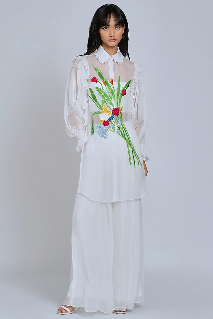 White Floral Hand Embroidered Shirt by World Of Ra