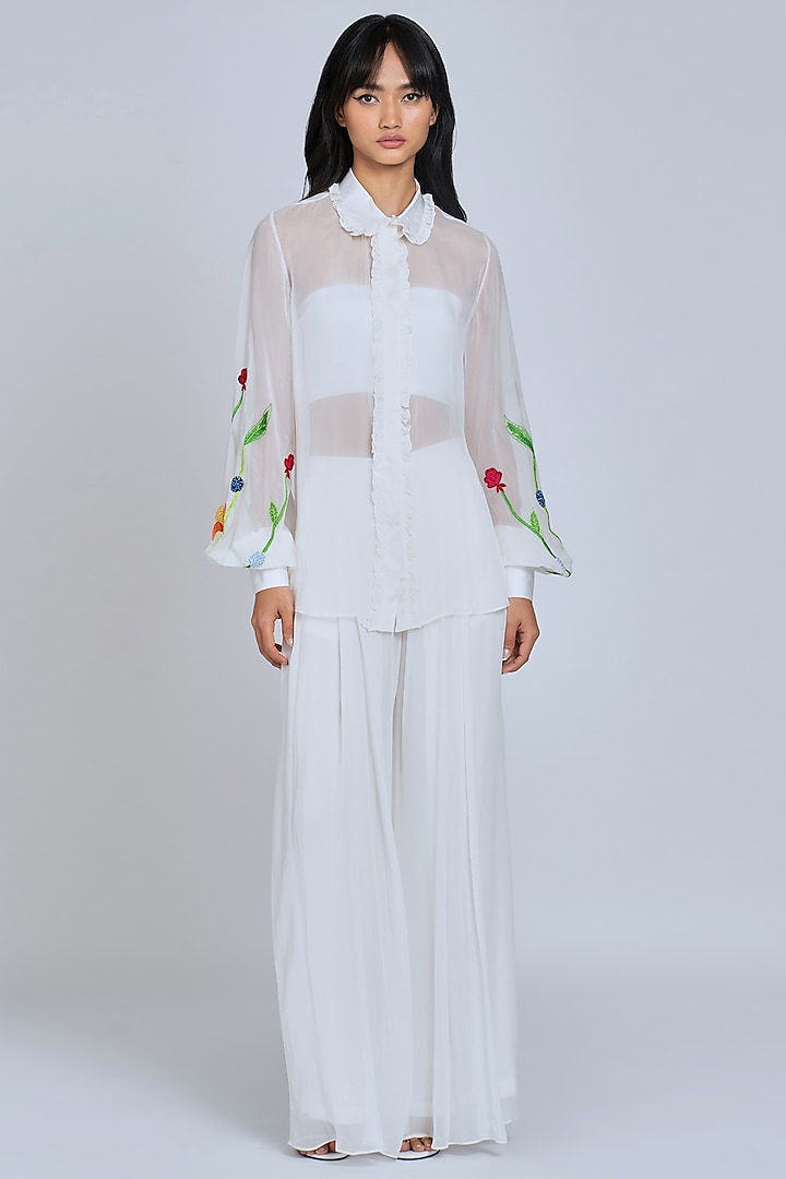White Floral Embroidered Shirt by World Of Ra