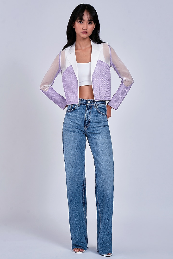White Thread Embroidered Cropped Blazer by World Of Ra