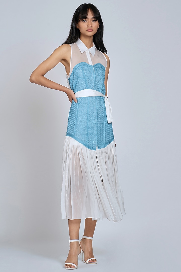 White & Powder Blue Embroidered Midi Dress by World Of Ra
