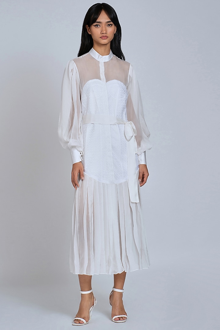 White Thread Embroidered Midi Dress by World Of Ra