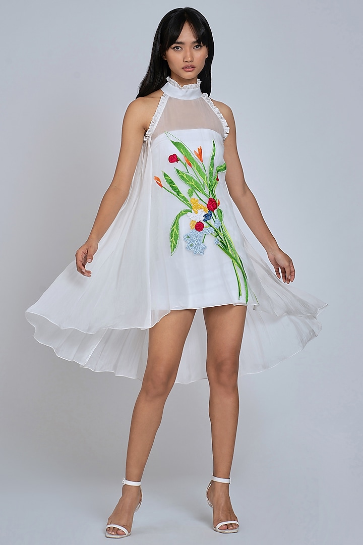 White Floral Embroidered Mini Dress by World Of Ra