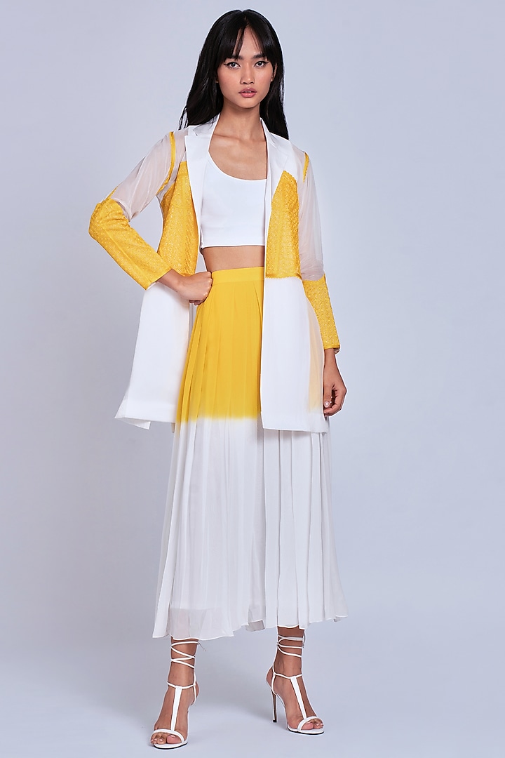 White & Yellow Pleated Midi Skirt by World Of Ra