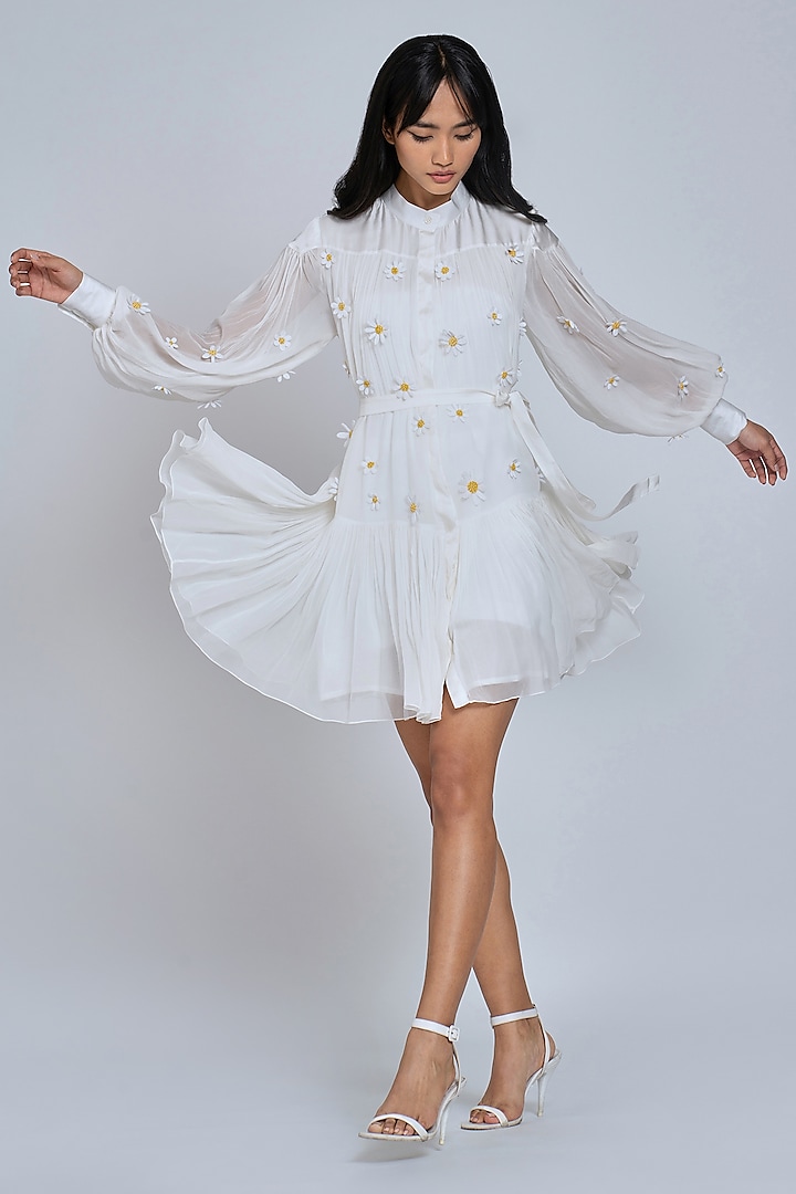 White Georgette Embroidered Mini Dress by World Of Ra