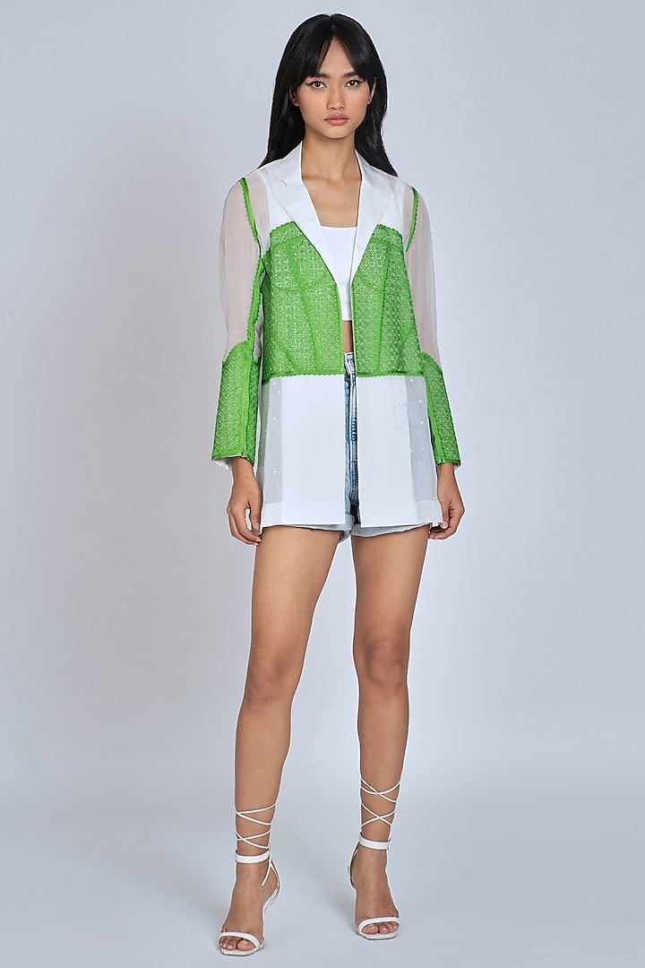 White & Green Thread Embroidered Blazer by World Of Ra