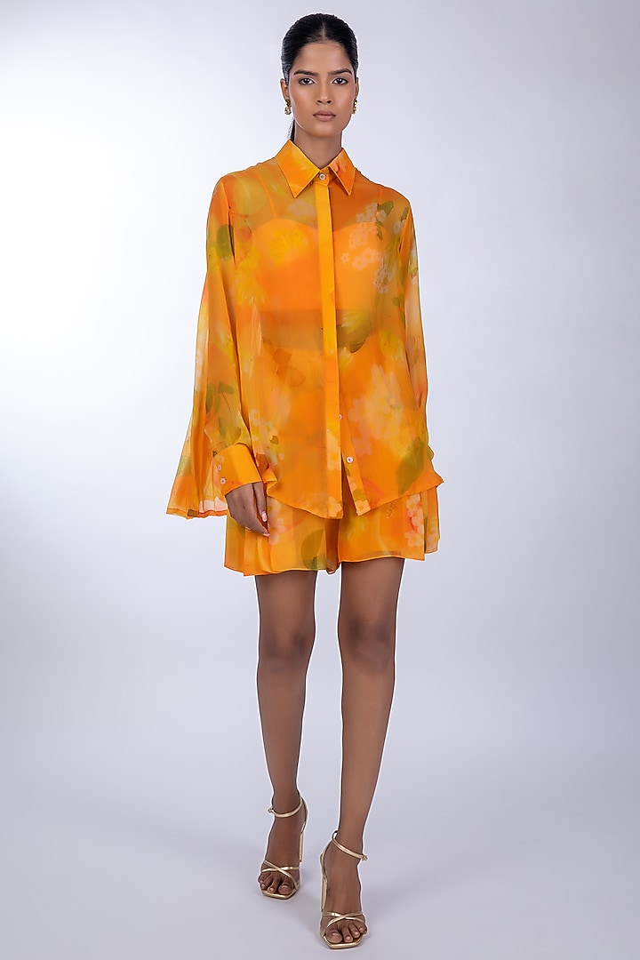 Orange Flat Chiffon Floral Co-Ord Set by World Of Ra at Pernia's