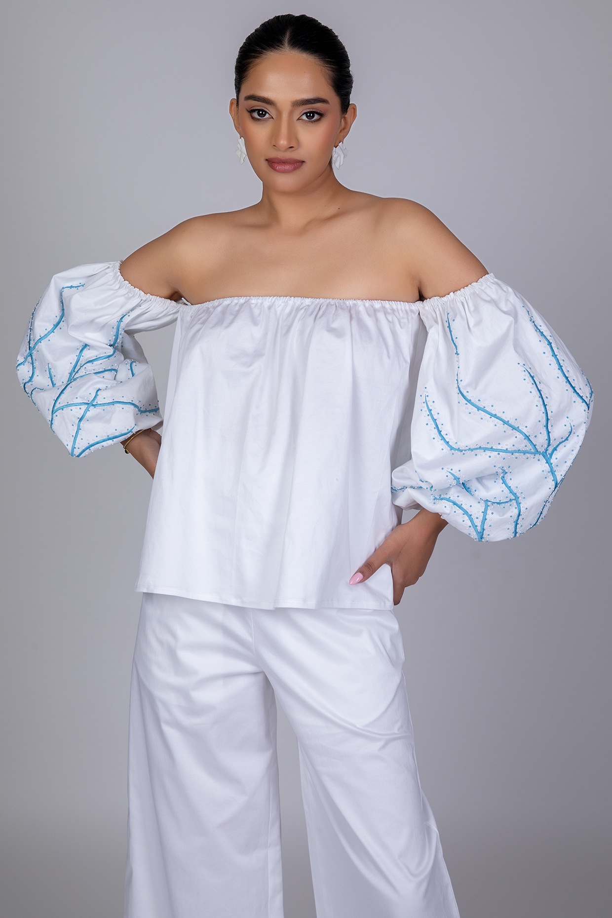 white satin off the shoulder top