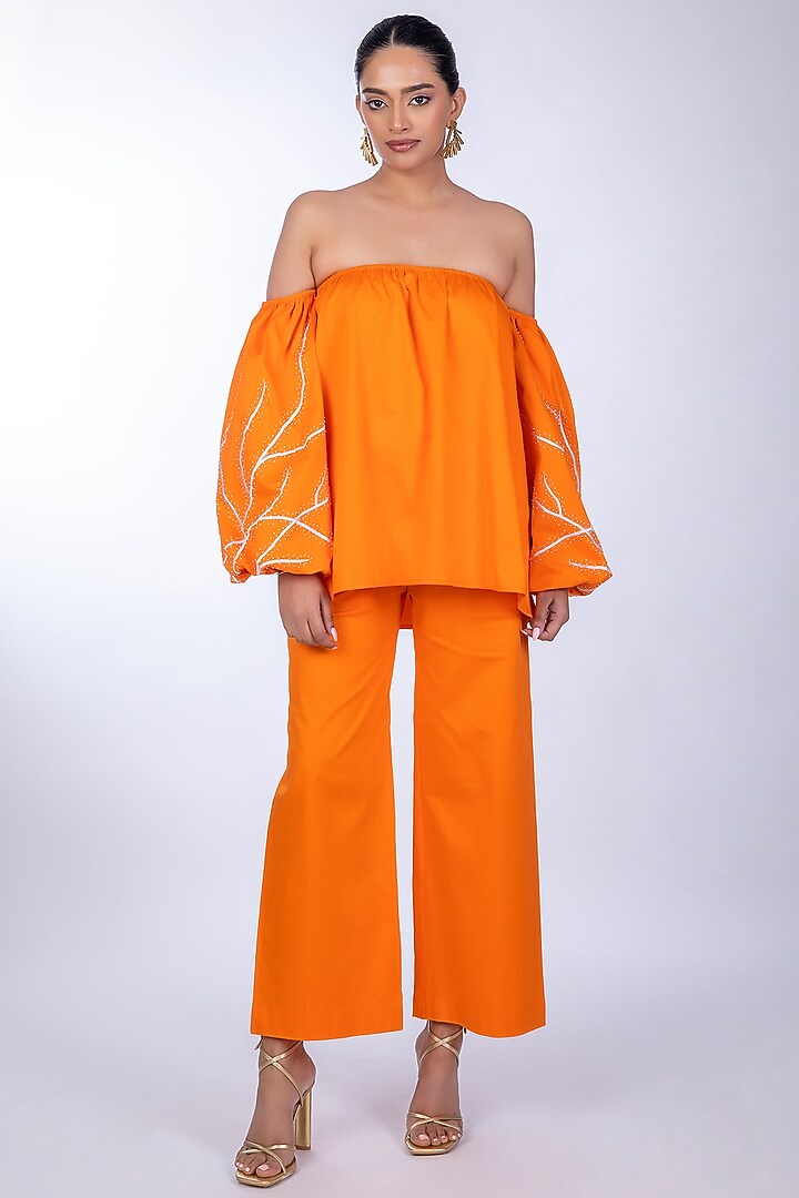 orange cotton dress pants Women's Paradisa Dunedin Orange Cotton Wide Leg Drawstring Pants | Size: L