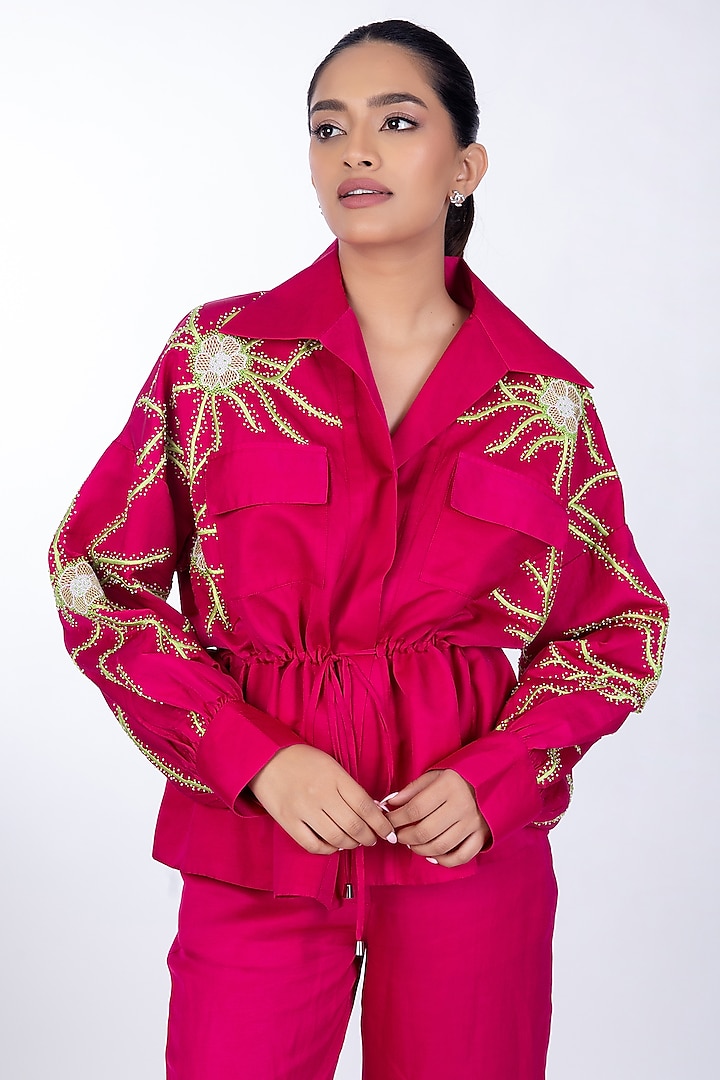 Rose Pink Linen Satin Jacket by World Of Ra