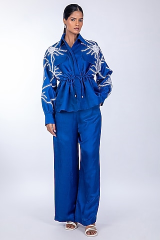 Blue Linen Satin Pant Set by World Of Ra