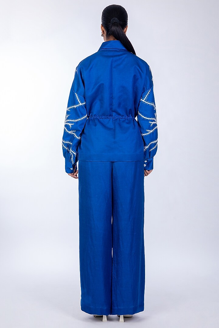 Blue Linen Satin Pant Set by World Of Ra at Pernia's Pop Up Shop